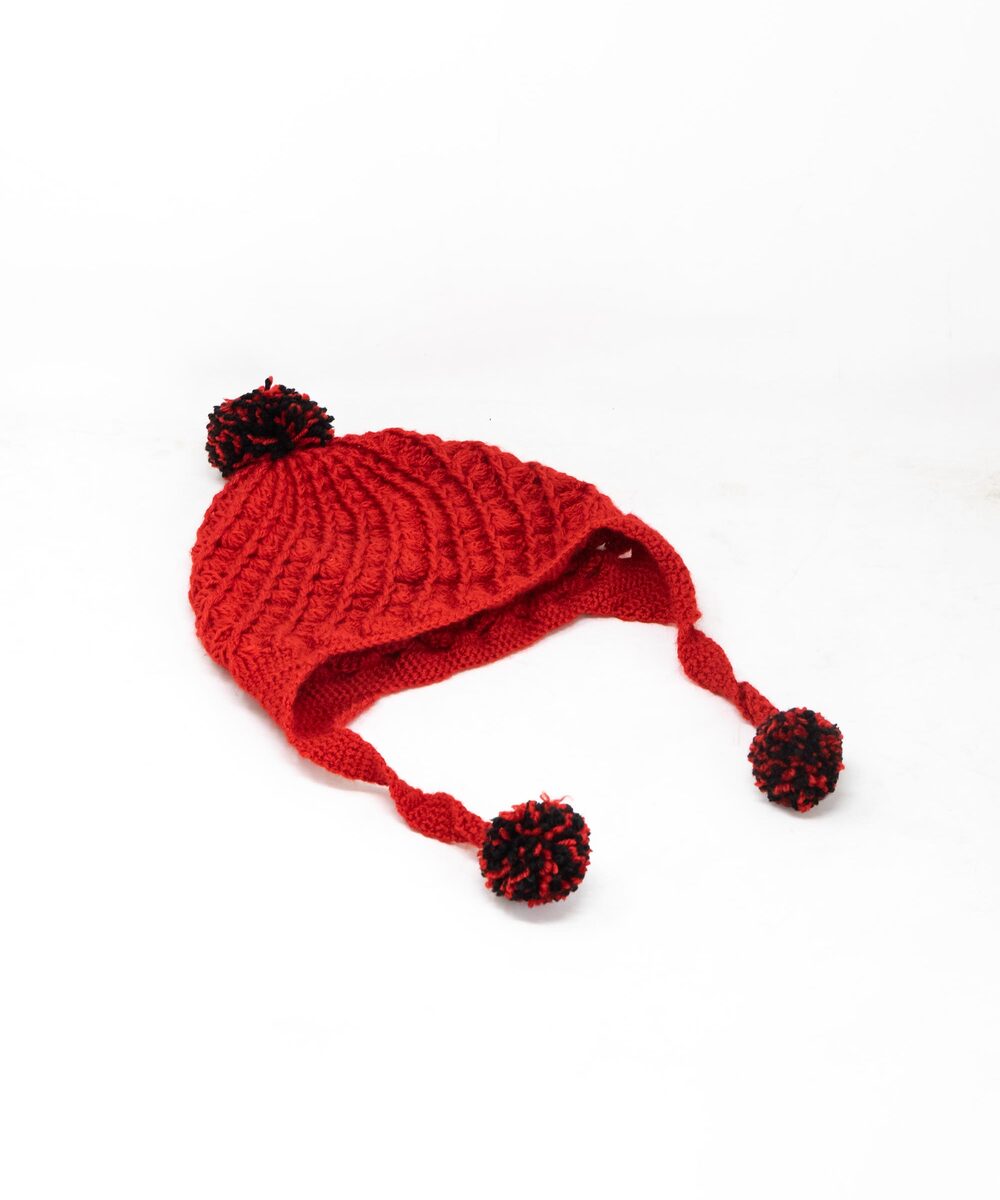 Kids Crochet Pom Beanie -Red \u0026 Black