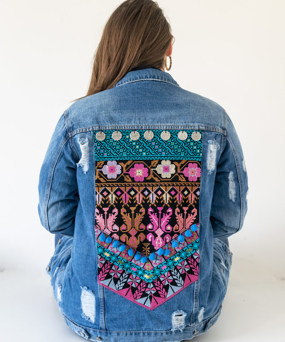 Blue Denim Jacket with Triangle Embroidery