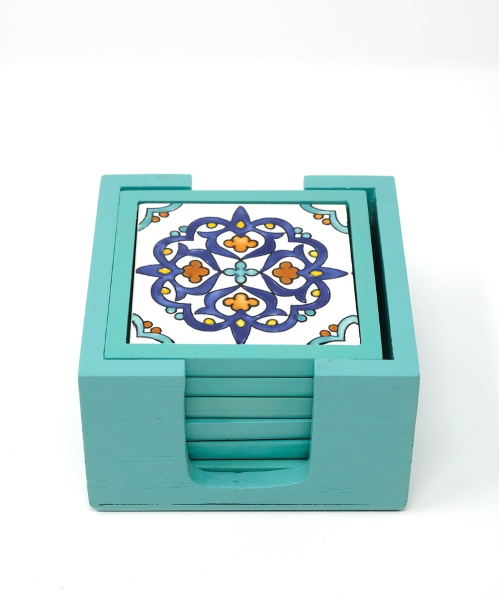 Handpainted Ceramic Coasters, set of 6 with holder (Light blue with