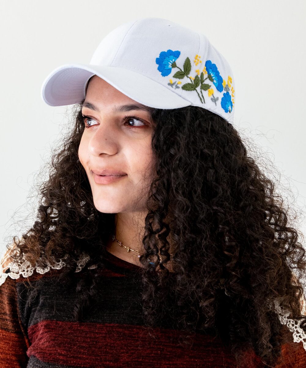 White Embroidered Cap - Blue Floral 