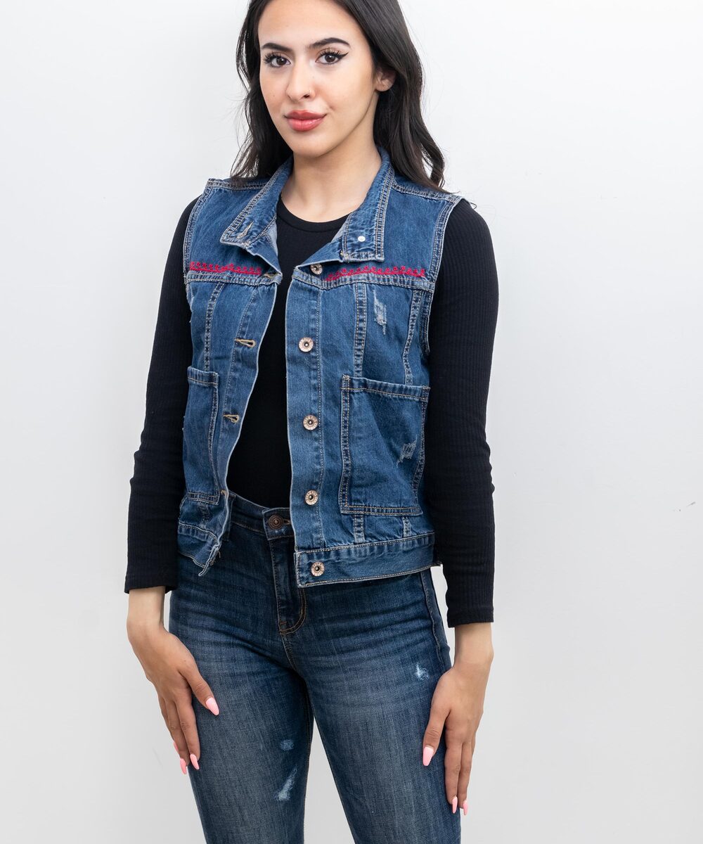 Sleeveless Embroidered Denim Jacket